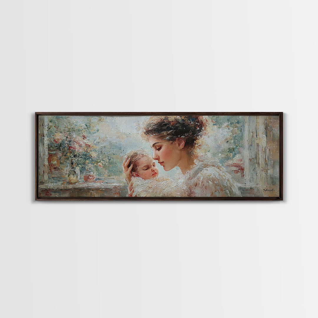 Mother Cuddling Sleeping Baby Near Window Wall Art, Impressionist Motherhood Canvas Print, Floral Nursery Decor, Gift For Mom