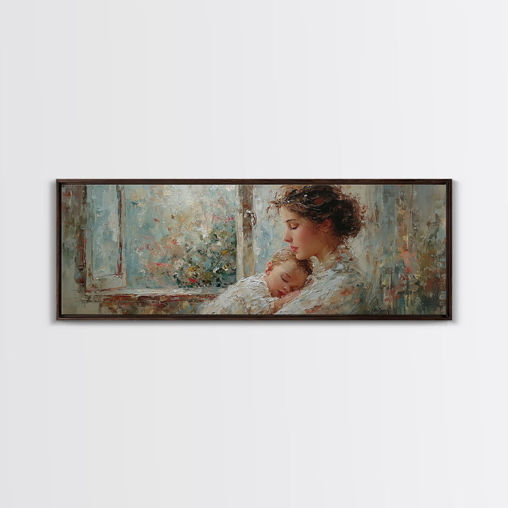 Mother Holding Sleeping Baby By Floral Window Framed Canvas Print, Tender Nursery Wall Art, Motherhood Decor, Gift For Mom
