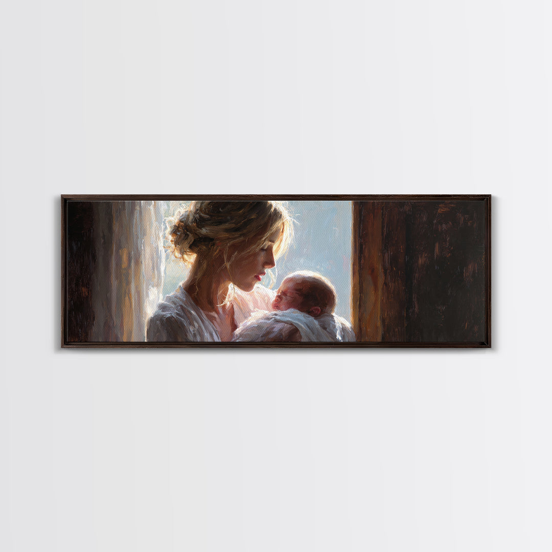 Mother Cradling Newborn In Golden Window Light Wall Art, Tender Motherhood Canvas Print, Baby Nursery Decor, Gift For Mom