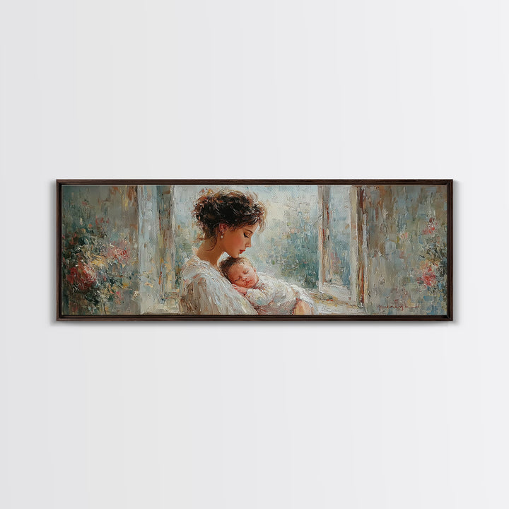 Mother And Sleeping Baby In Floral Window Canvas Print, Soft Motherhood Wall Art, Nursery Decor, Gift For Mom, Fine Art Print