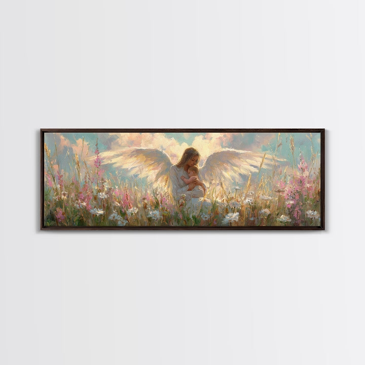 Angel Mother And Child In Wildflower Meadow Wall Art, Christian Nursery Decor, Feminine Spiritual Gift For Her, Living Room Decor