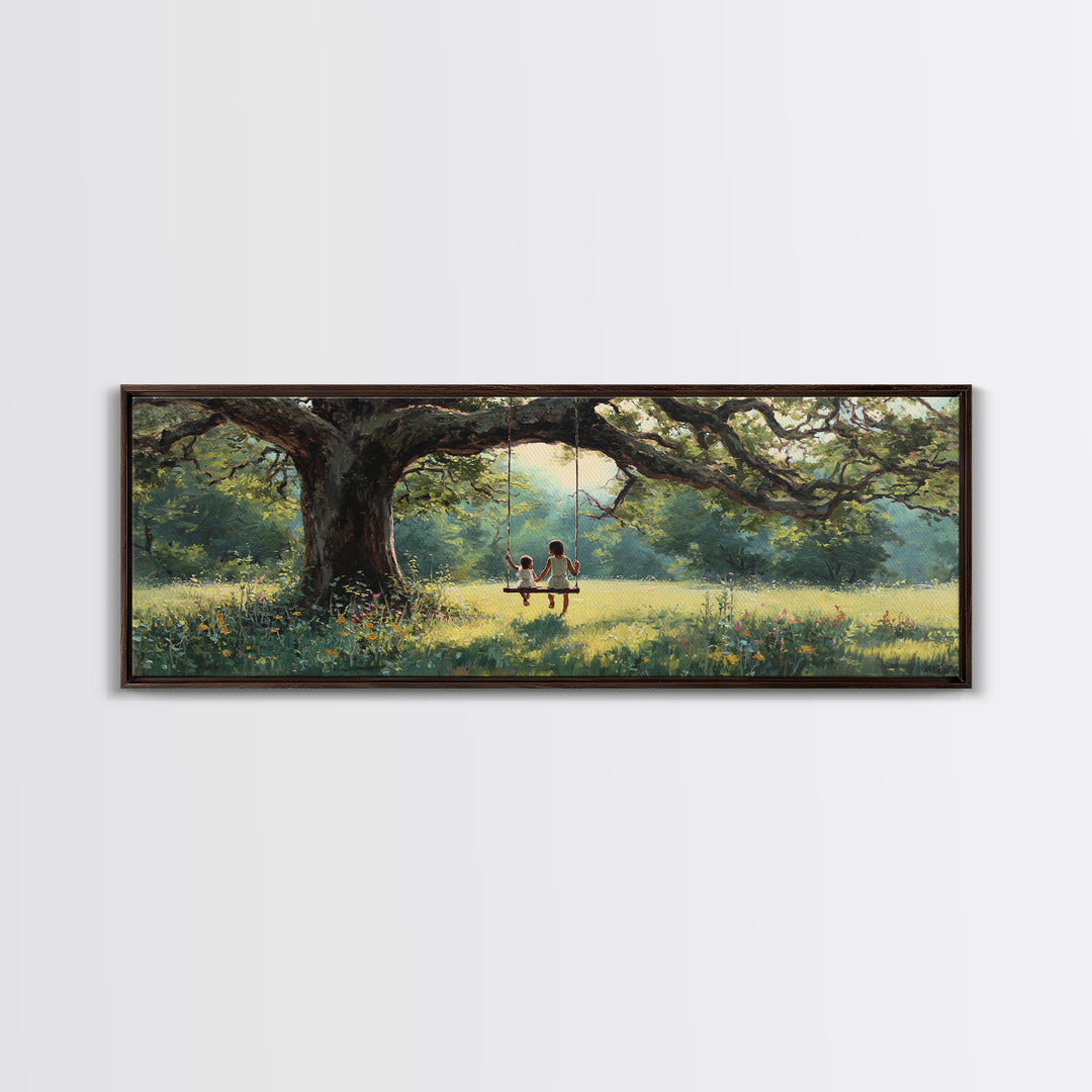 Children On Tree Swing Beneath Ancient Oak Wall Art, Whimsical Nursery Decor, Woodland Kids Room Art, Housewarming Gift Idea