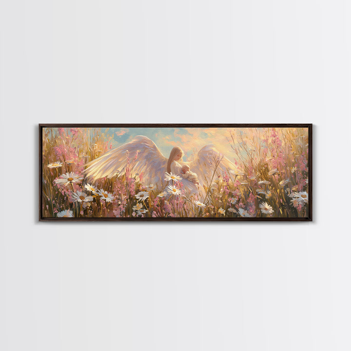 Guardian Angel Cradling Baby In Daisy Field Canvas Print, Christian Nursery Wall Art, Feminine Spiritual Home Decor, Gift For Her