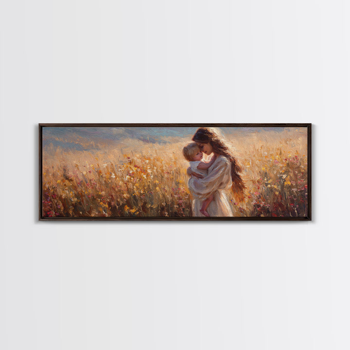 Golden Sunset Mother And Baby In Meadow Canvas Print, Romantic Wall Art, Feminine Bedroom Decor, Housewarming Gift For Her