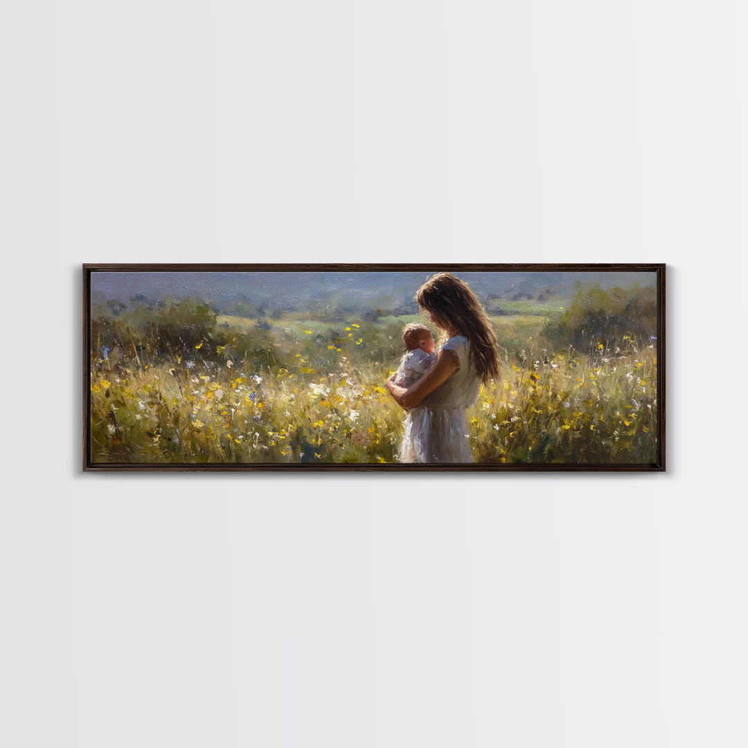 Mother And Baby In Sunlit Wildflower Meadow Wall Art, Impressionist Landscape, Nursery Decor, Gift For Mom, Above Bed Art