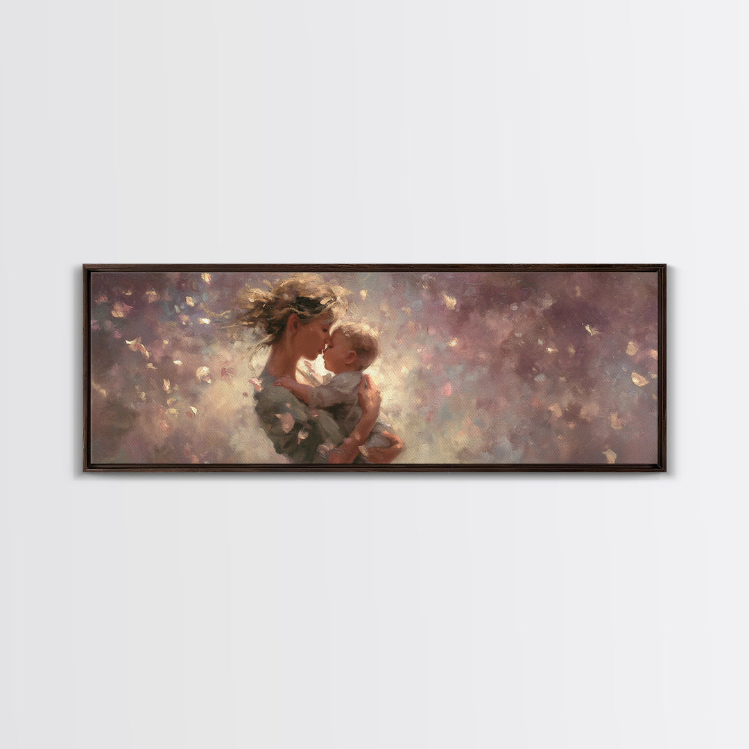 Mother And Baby Embrace In Dreamy Petals Wall Art, Impressionist Canvas Print, Romantic Nursery Decor, Gift For Mom, New Baby Gift