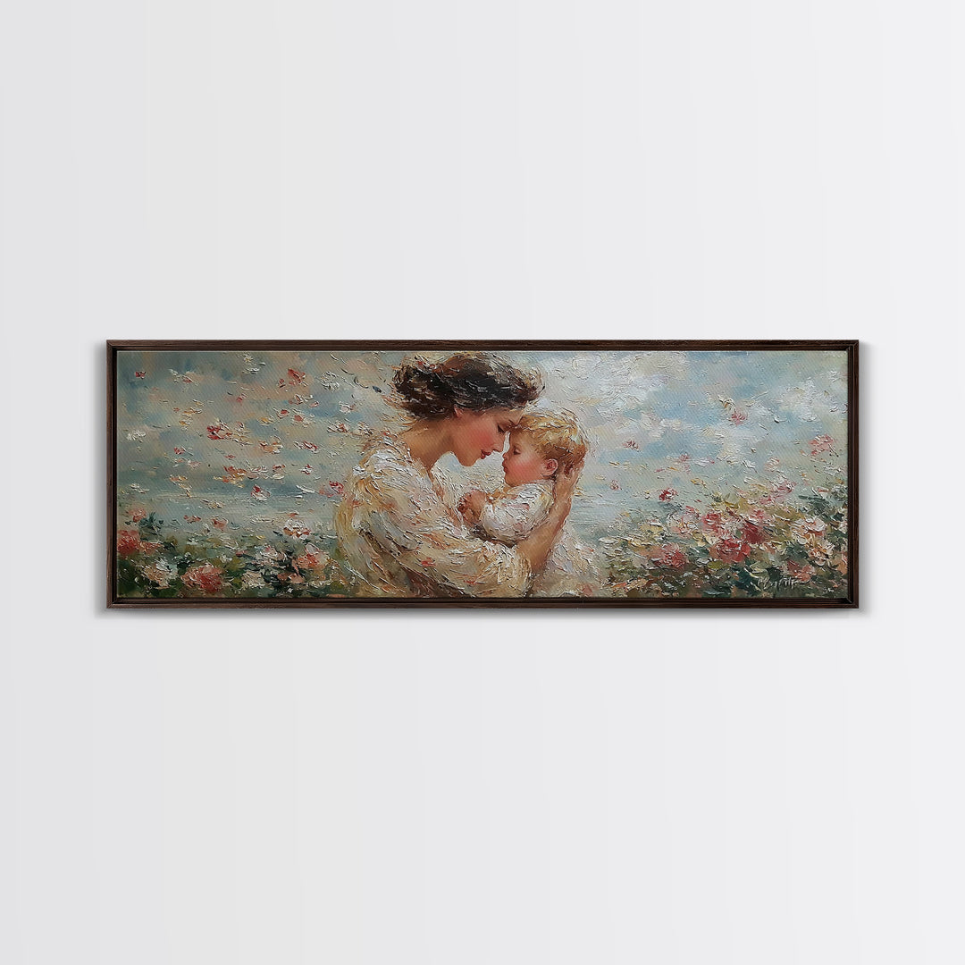 Mother Kissing Baby In Blue Wildflowers Framed Canvas Print, Textured Oil Painting Wall Art, Nursery Decor, New Mom Gift