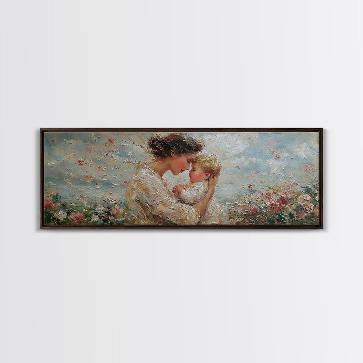 Mother Kissing Baby In Blue Wildflowers Framed Canvas Print, Textured Oil Painting Wall Art, Nursery Decor, New Mom Gift