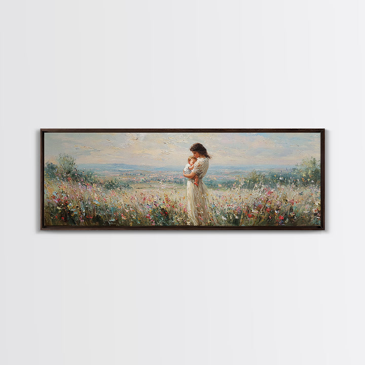 Mother Holding Baby In Hilltop Wildflower Meadow Wall Art, Panoramic Landscape Canvas Print, Nursery Decor, Gift For Mom