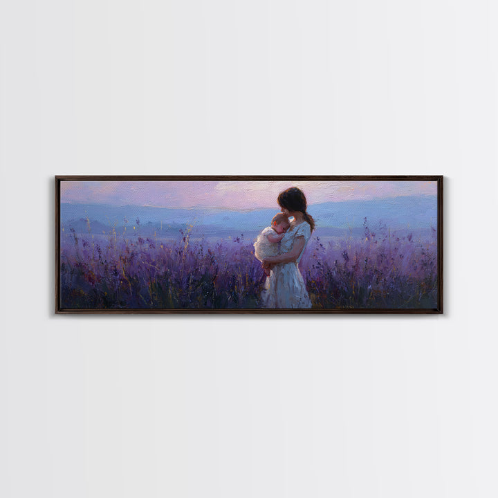 Mother Holding Baby At Lavender Sunset Wall Art, Moody Purple Landscape, Framed Canvas Print, Nursery Decor, Gift For Mom