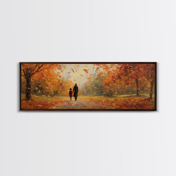 Parent And Child Strolling Golden Autumn Park Wall Art, Large Horizontal Canvas Print, Fall Landscape Decor, Housewarming Gift