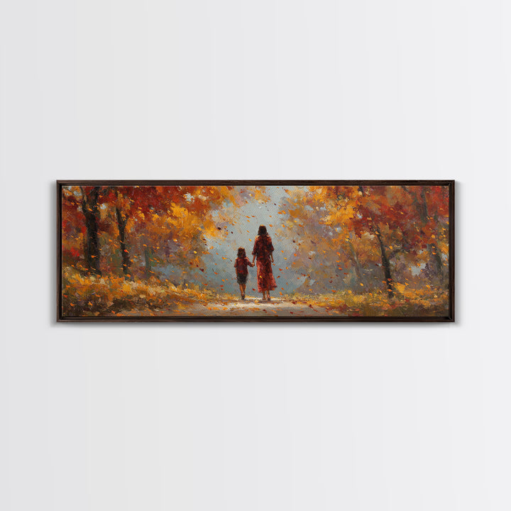 Mother And Daughter On Sunlit Autumn Path Wall Art, Warm Fall Landscape Canvas Print, Cozy Bedroom Decor, Gift For Her, Home Decor