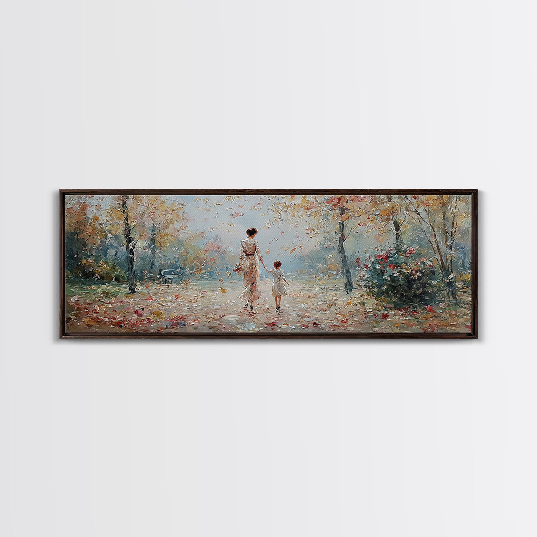 Mother And Child Walking In Soft Autumn Light Wall Art, Impressionist Canvas Print, Tranquil Landscape Decor, Gift For Mom