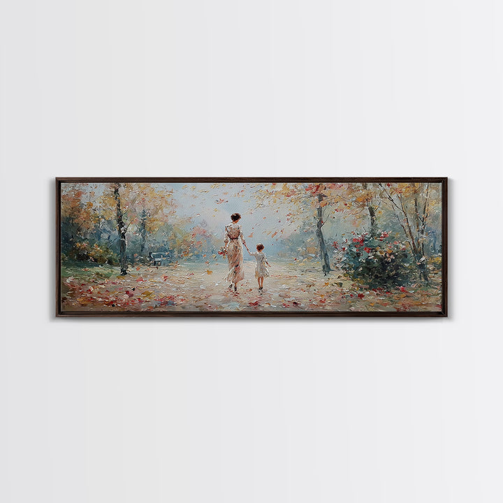 Mother And Child Walking In Soft Autumn Light Wall Art, Impressionist Canvas Print, Tranquil Landscape Decor, Gift For Mom