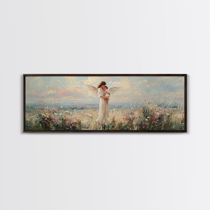 Mother Holding Baby In Blooming Meadow Wall Art, Panoramic Canvas Print, Floral Nursery Decor, Gift For Mom, Above Bed Art
