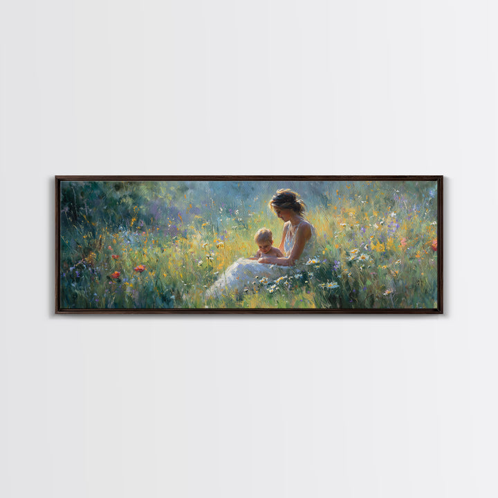 Sunlit Mother And Baby Meadow Wall Art, Impressionist Wildflower Landscape Print, Nursery Decor, Above Bed Canvas Home Decor