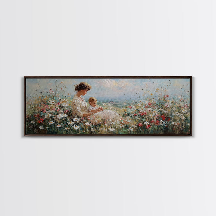 Mother And Child By The Sea Framed Canvas Print, Impressionist Wildflower Meadow, Coastal Nursery Wall Decor, Gift For Her