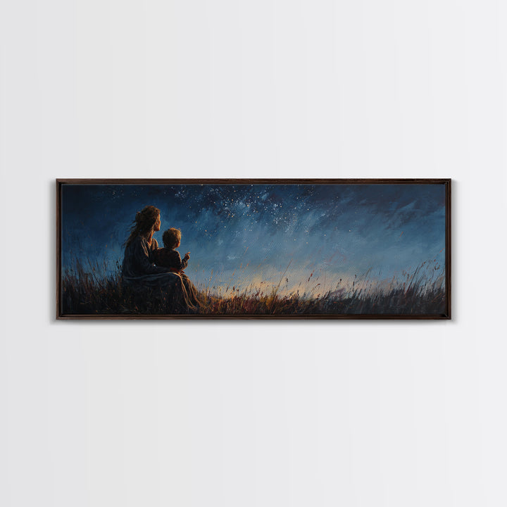 Mother And Child Under Starry Sky Wall Art, Moody Night Meadow Painting, Celestial Nursery Decor, Blue Bedroom Art, Gift For Mom
