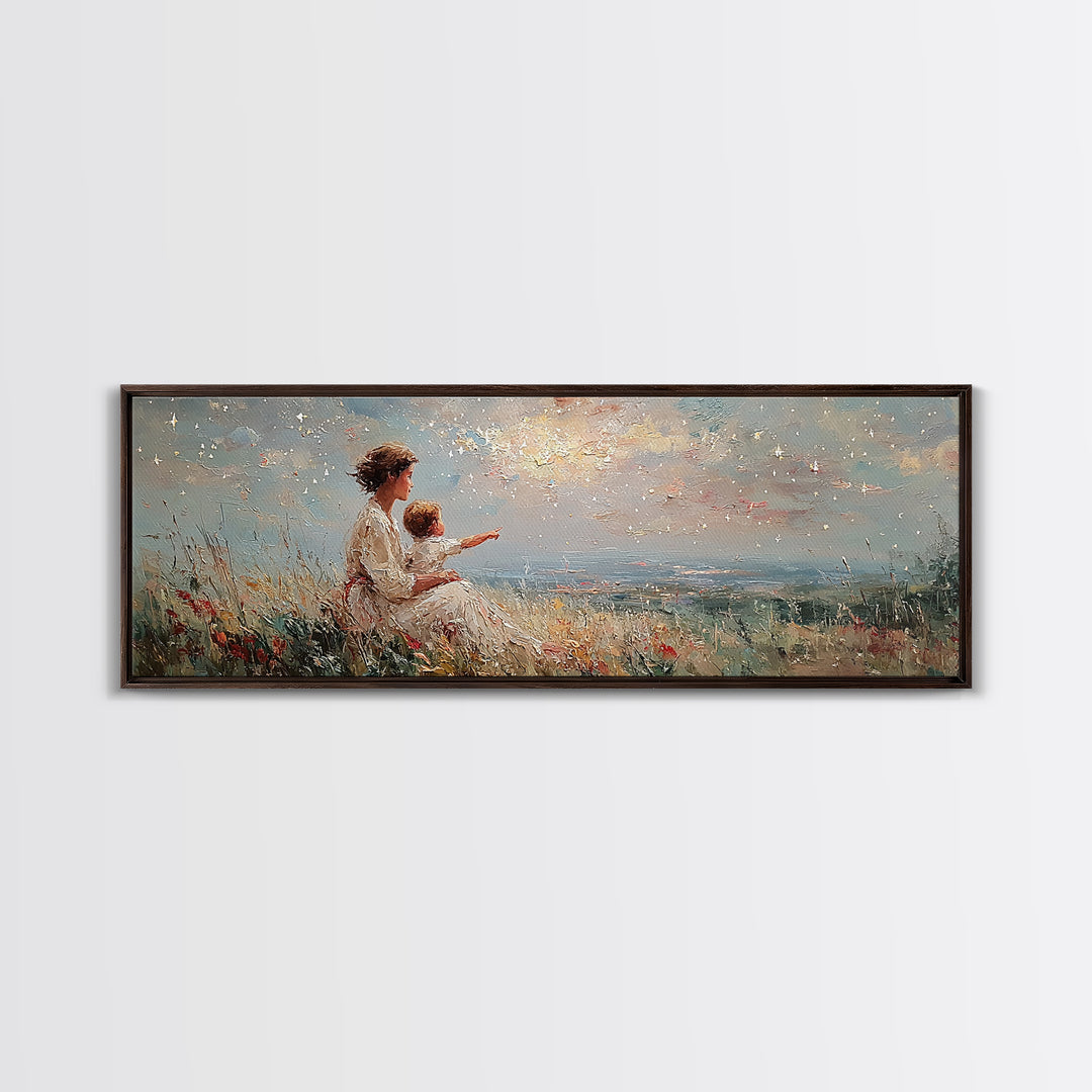 Mother And Child Pointing At Sunlit Sky Framed Canvas Print, Wildflower Meadow Landscape, Nursery Wall Art, Gift For Her