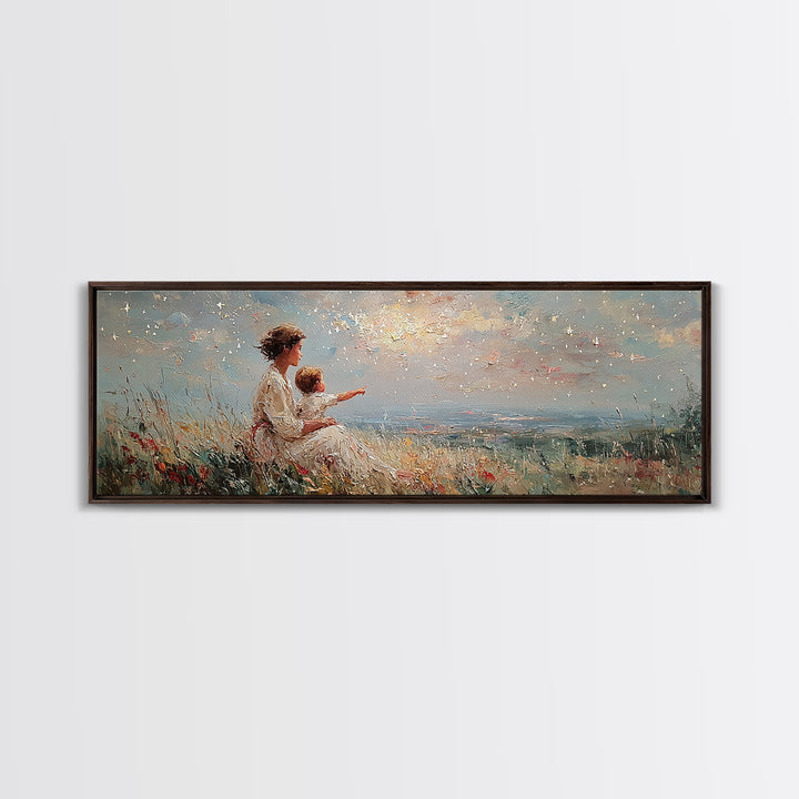 Mother And Child Pointing At Sunlit Sky Framed Canvas Print, Wildflower Meadow Landscape, Nursery Wall Art, Gift For Her