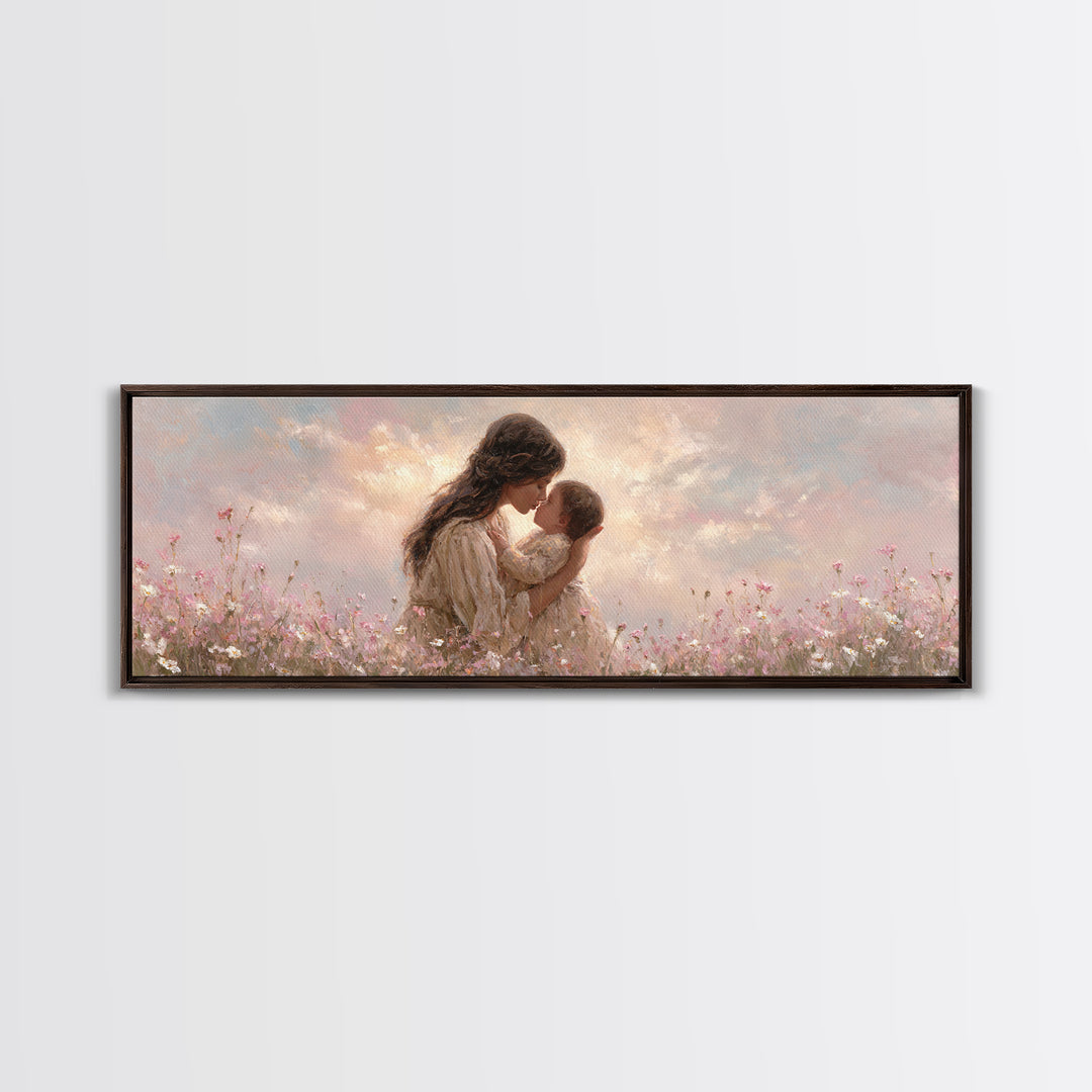 Tender Mother And Baby Kiss Canvas Print, Soft Pink Wildflower Meadow Painting, Nursery Wall Art, Feminine Home Decor, Gift For Mom