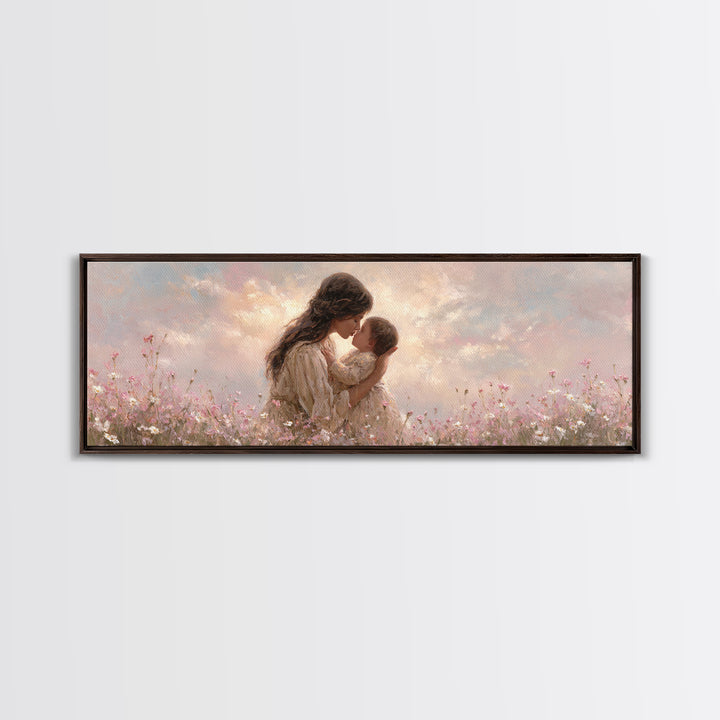 Tender Mother And Baby Kiss Canvas Print, Soft Pink Wildflower Meadow Painting, Nursery Wall Art, Feminine Home Decor, Gift For Mom