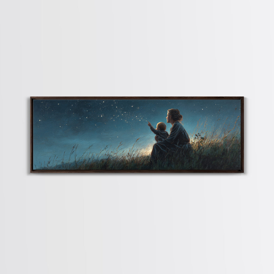 Mother And Child Stargazing Canvas Print, Blue Night Meadow Wall Art, Celestial Nursery Decor, Above Bed Art, Gift For Mom