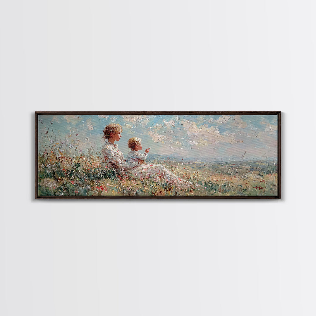 Mother And Child On Sunny Hill Framed Canvas Print, Impressionist Wildflower Landscape, Panoramic Wall Art, Nursery Decor