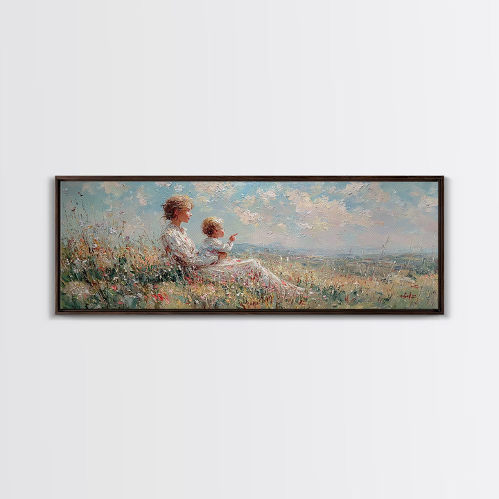 Mother And Child On Sunny Hill Framed Canvas Print, Impressionist Wildflower Landscape, Panoramic Wall Art, Nursery Decor