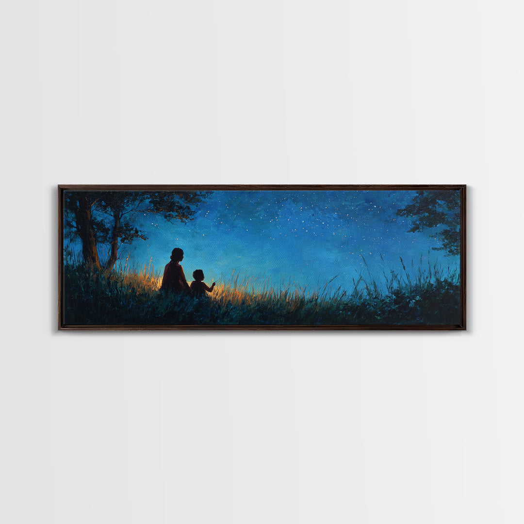 Silhouette Mother And Child Under Stars Wall Art, Moody Blue Night Landscape, Celestial Nursery Decor, Rustic Home Decor