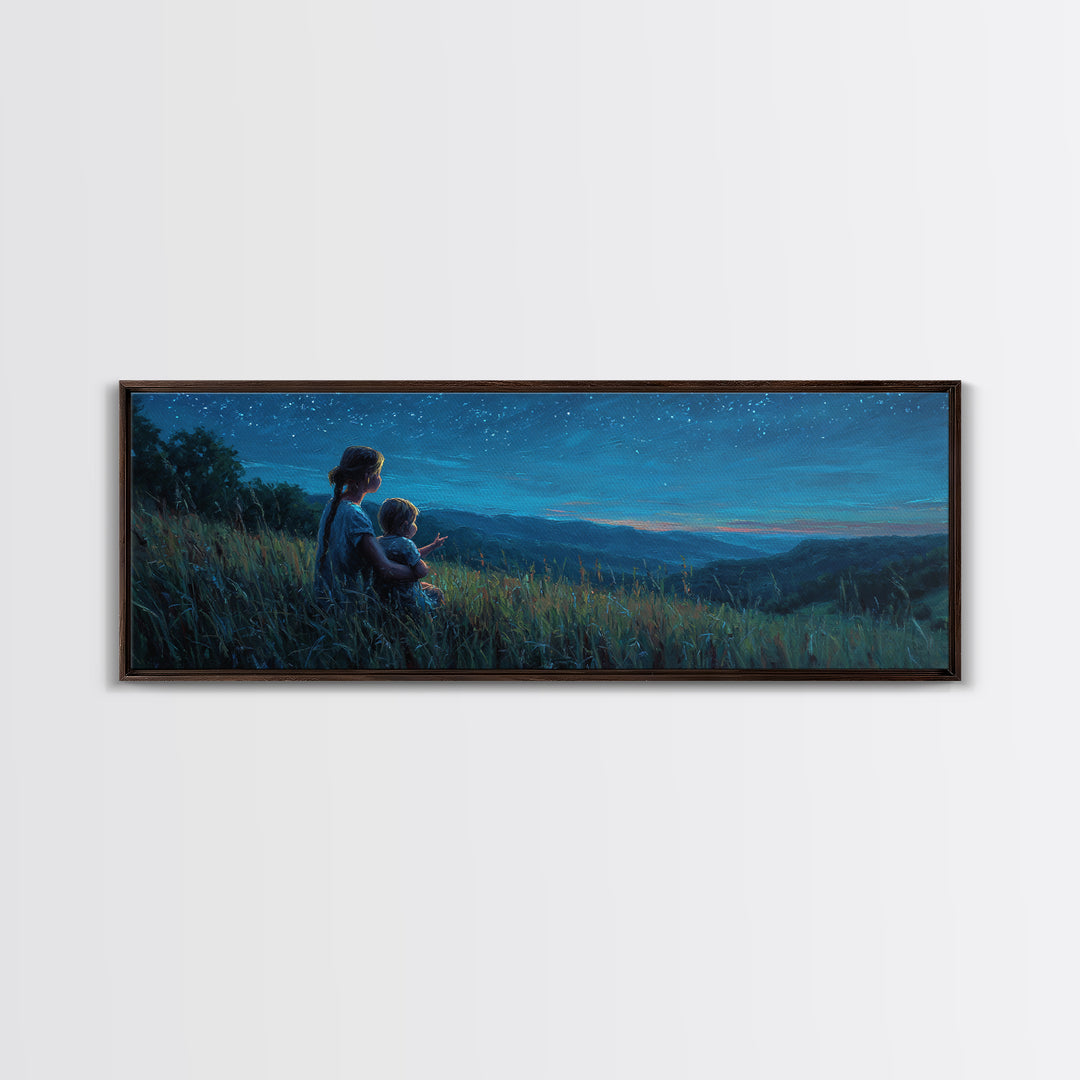 Mother And Child Over Moonlit Valley Canvas Print, Starry Blue Mountain Landscape Wall Art, Above Bed Decor, Gift For Her