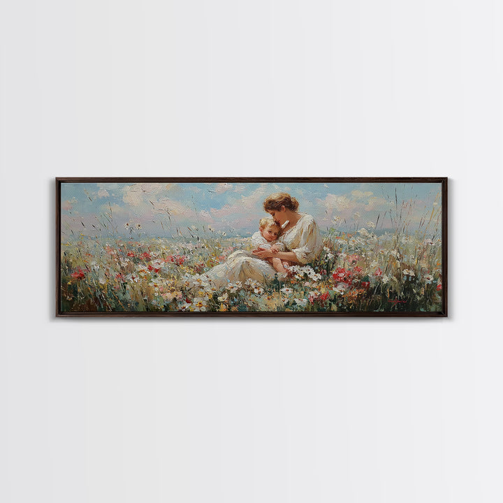 Mother And Child In Sunlit Flower Field Framed Canvas Print, Impressionist Nursery Wall Decor, Floral Art, Gift For Mom