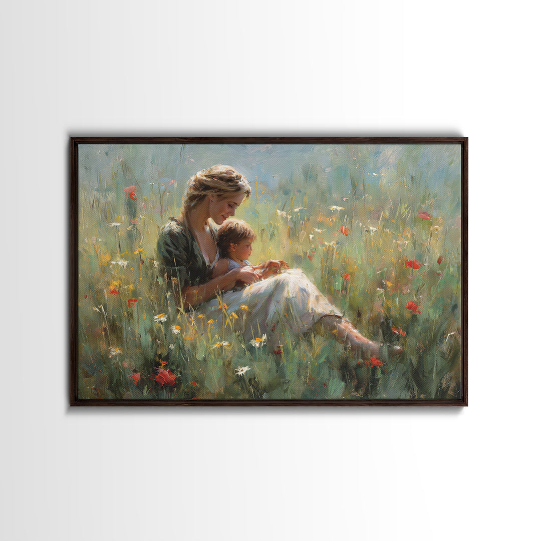 Mother Nursing Baby In Poppy Meadow Wall Art, Soft Impressionist Oil Painting Print, Feminine Nursery Decor Gift For Her