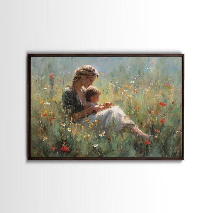 Mother Nursing Baby In Poppy Meadow Wall Art, Soft Impressionist Oil Painting Print, Feminine Nursery Decor Gift For Her