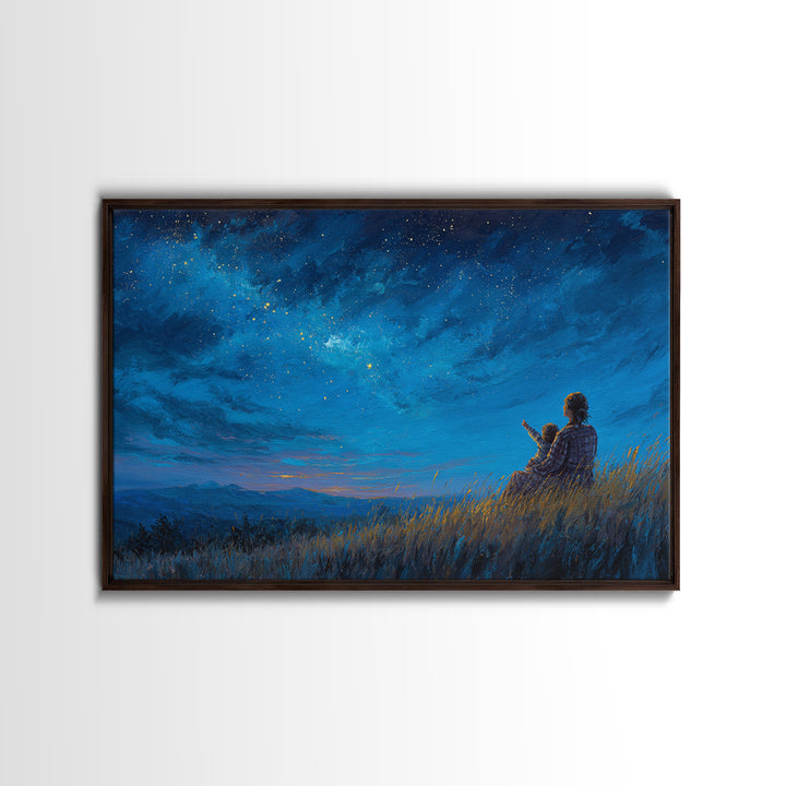 Mother And Child Under Starry Sky Wall Art, Celestial Night Landscape Canvas Print, Blue Bedroom Wall Decor Gift For Her