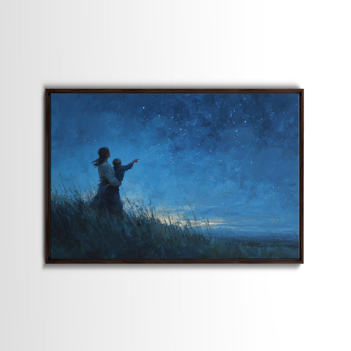 Mother And Child Pointing At Stars Canvas Print, Moody Celestial Wall Art, Blue Night Sky Bedroom Nursery Decor Gift For Her