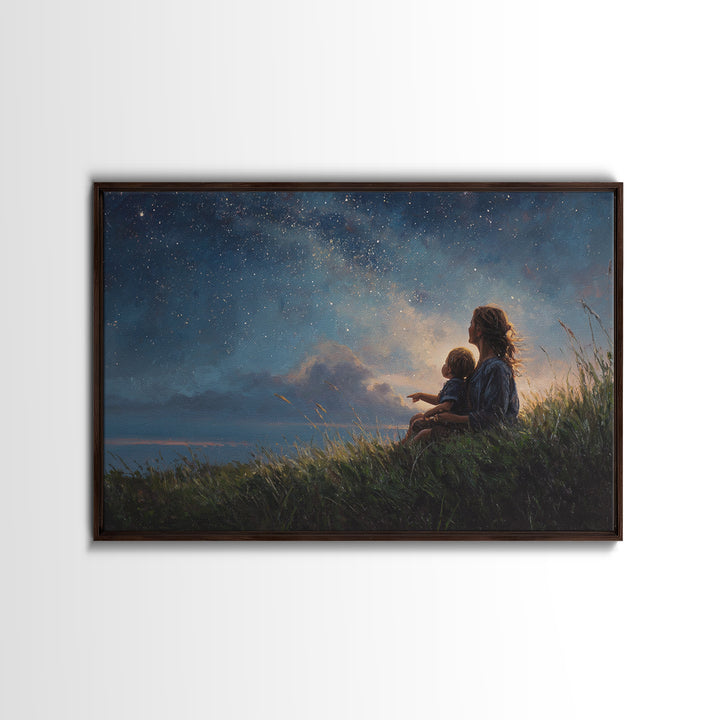 Mother And Child Stargazing Canvas Print, Celestial Nursery Wall Art, Gift For Mom, Baby Room Decor, Spiritual Home Decor