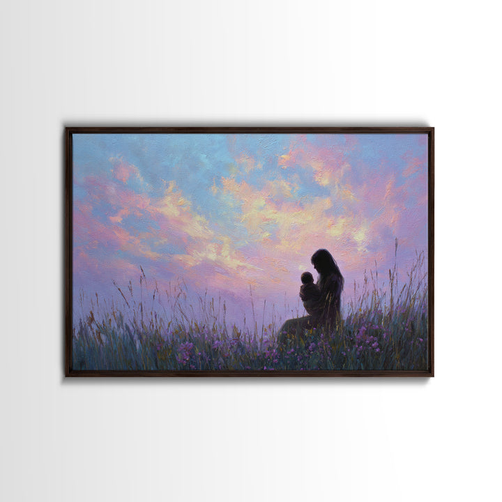 Silhouette Mother And Baby Sunset Canvas Print, Romantic Bedroom Wall Art, Pastel Sky Decor, Gift For Mom, Spiritual Home Decor