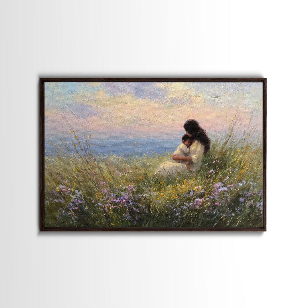 Mother And Baby By Ocean Sunset Canvas Print, Coastal Wall Art, Seascape Decor, Nursery Wall Art, Gift For Mom, Beach House