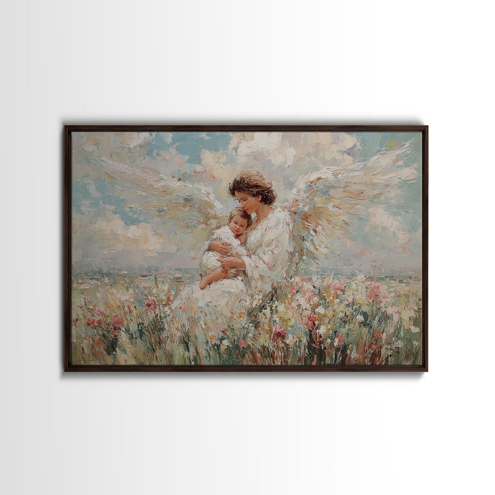 Angel Mother And Baby In Wildflower Meadow Canvas Print, Christian Wall Art, Nursery Decor, Spiritual Gift, Baby Shower Gift
