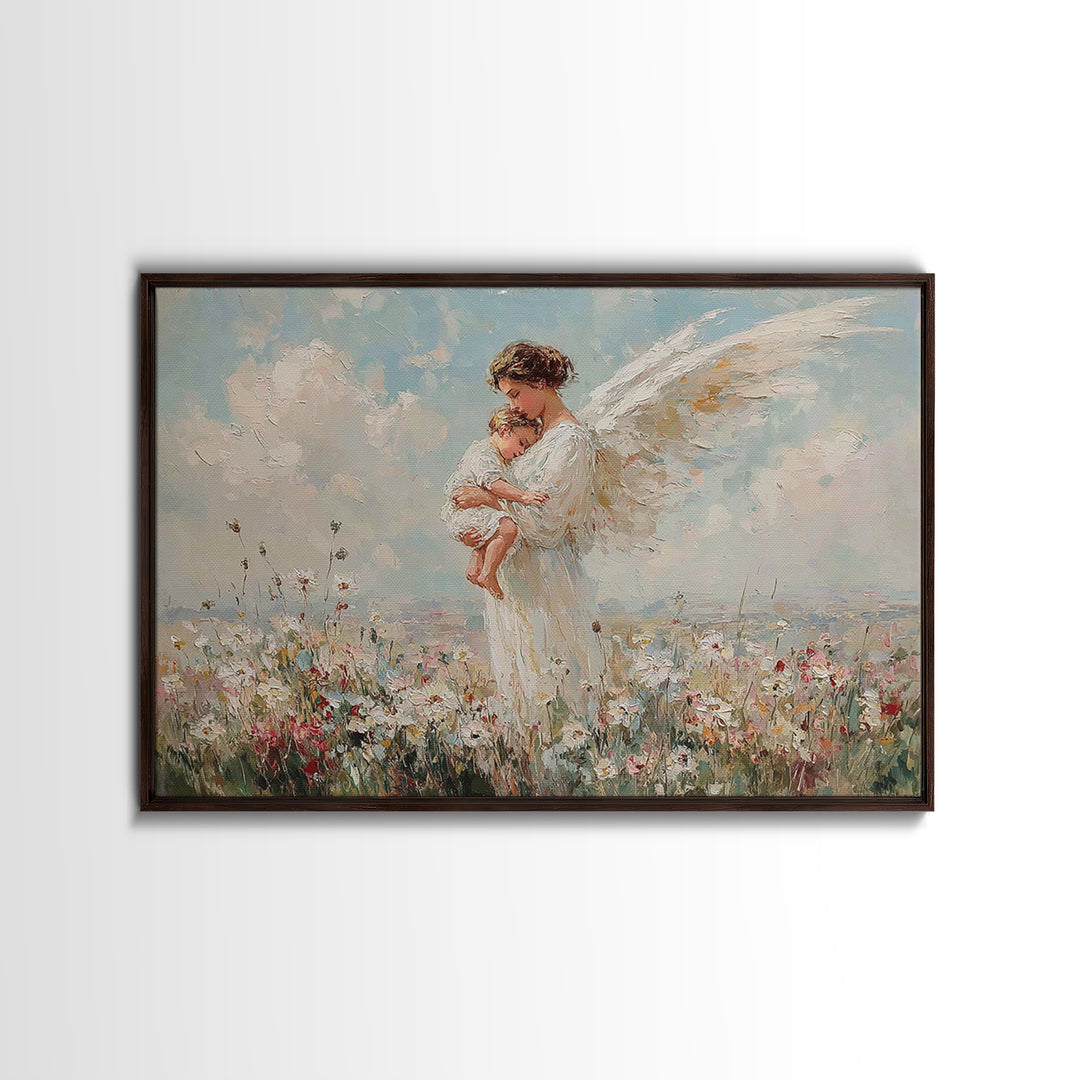 Guardian Angel Mother And Baby In Wildflower Meadow Wall Art, Christian Nursery Decor, Spiritual Gift, Serene Bedroom Print