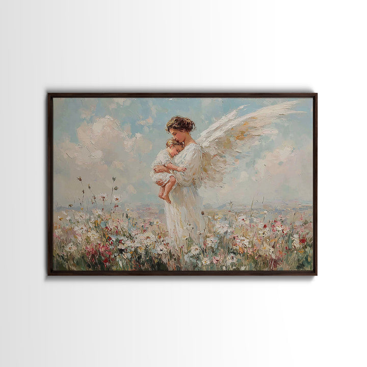 Guardian Angel Mother And Baby In Wildflower Meadow Wall Art, Christian Nursery Decor, Spiritual Gift, Serene Bedroom Print