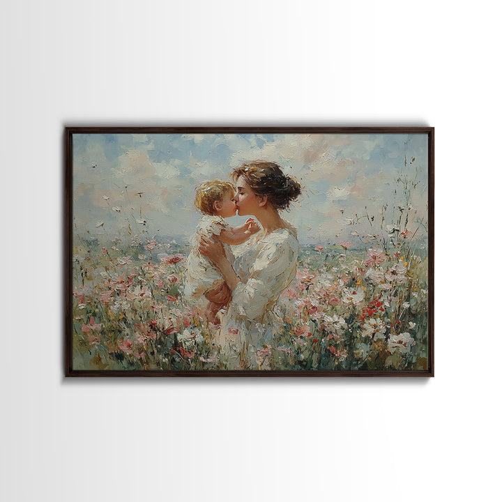 Tender Mother And Baby Kiss In Flower Meadow Framed Canvas Print, Feminine Wall Decor, Nursery Art, Gift For Mom, Peaceful Bedroom Decor