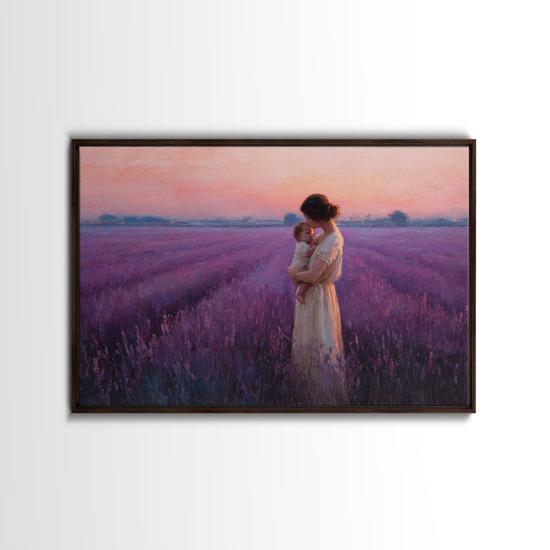 Mother And Baby Embrace In Lavender Sunset Field Framed Canvas Print, Purple Wall Art, Feminine Nursery Decor Gift For Mom