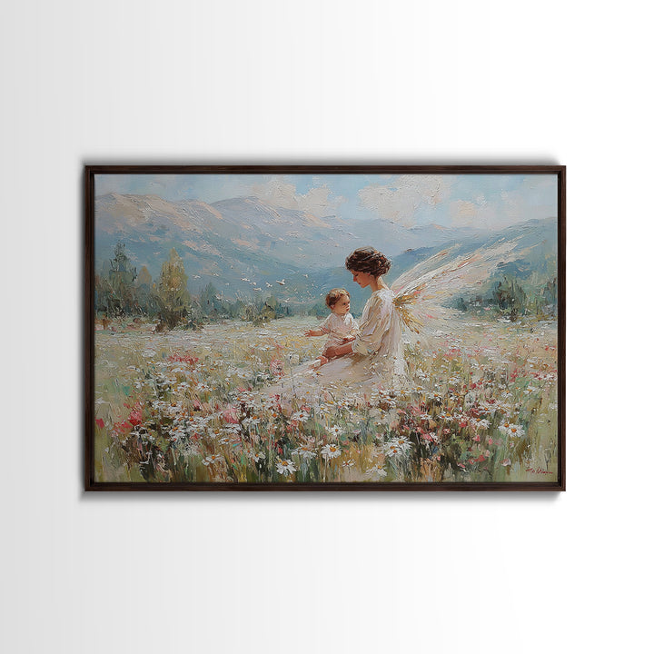Guardian Angel And Child In Alpine Wildflower Meadow Framed Canvas Print, Christian Wall Art, Mountain Nursery Decor Gift