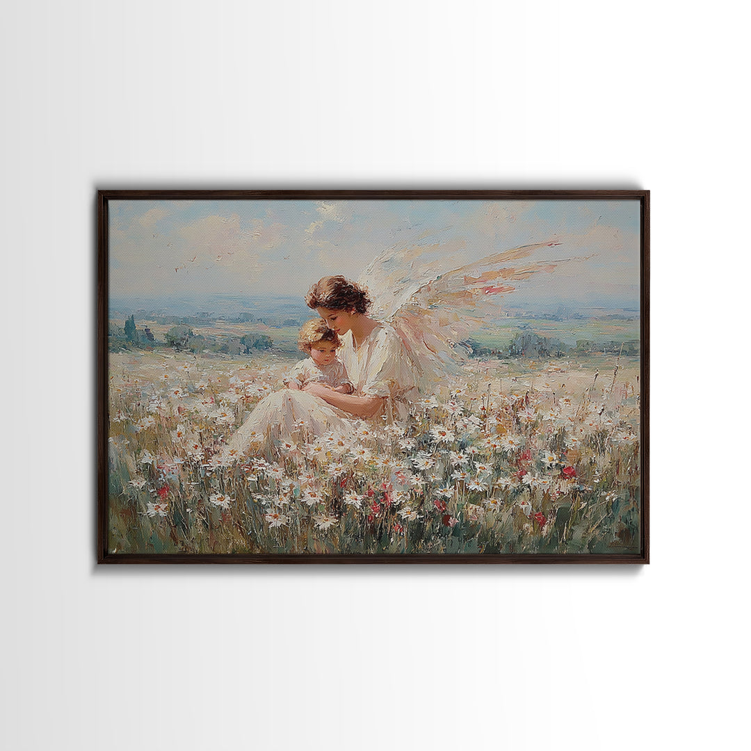 Angel Mother And Child In Wildflower Meadow Wall Art, Serene Religious Nursery Decor, Christian Gift, Fine Art Print, Home Decor
