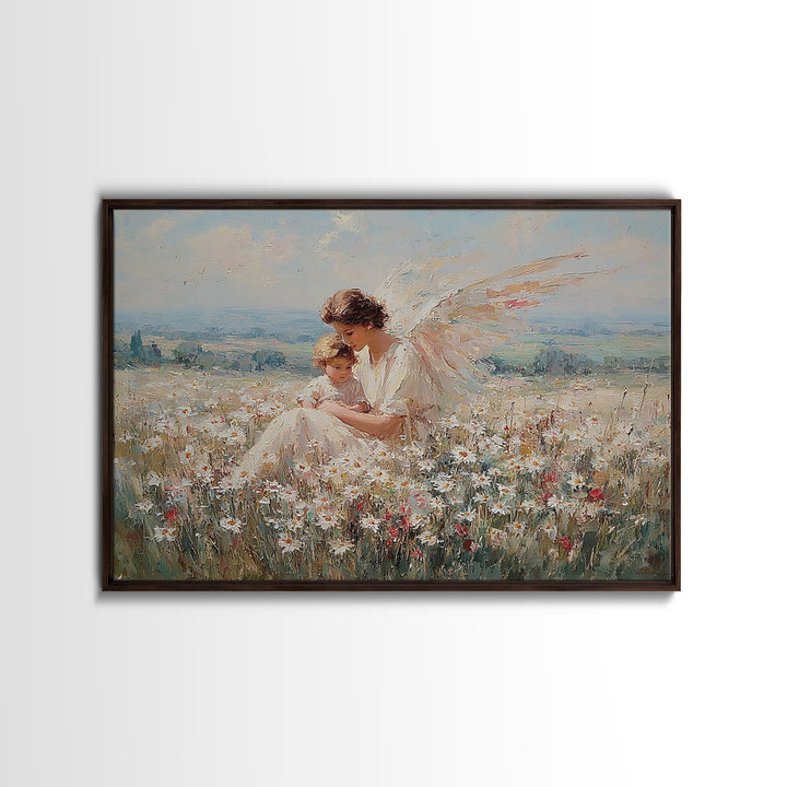 Angel Mother And Child In Wildflower Meadow Wall Art, Serene Religious Nursery Decor, Christian Gift, Fine Art Print, Home Decor