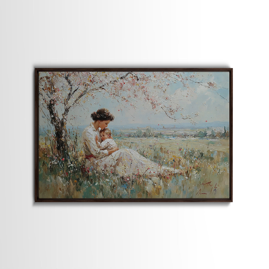 Mother Holding Baby Beneath White Blossom Tree Framed Canvas Print, Spring Wall Art, Christian Nursery Decor, Gift For Mom