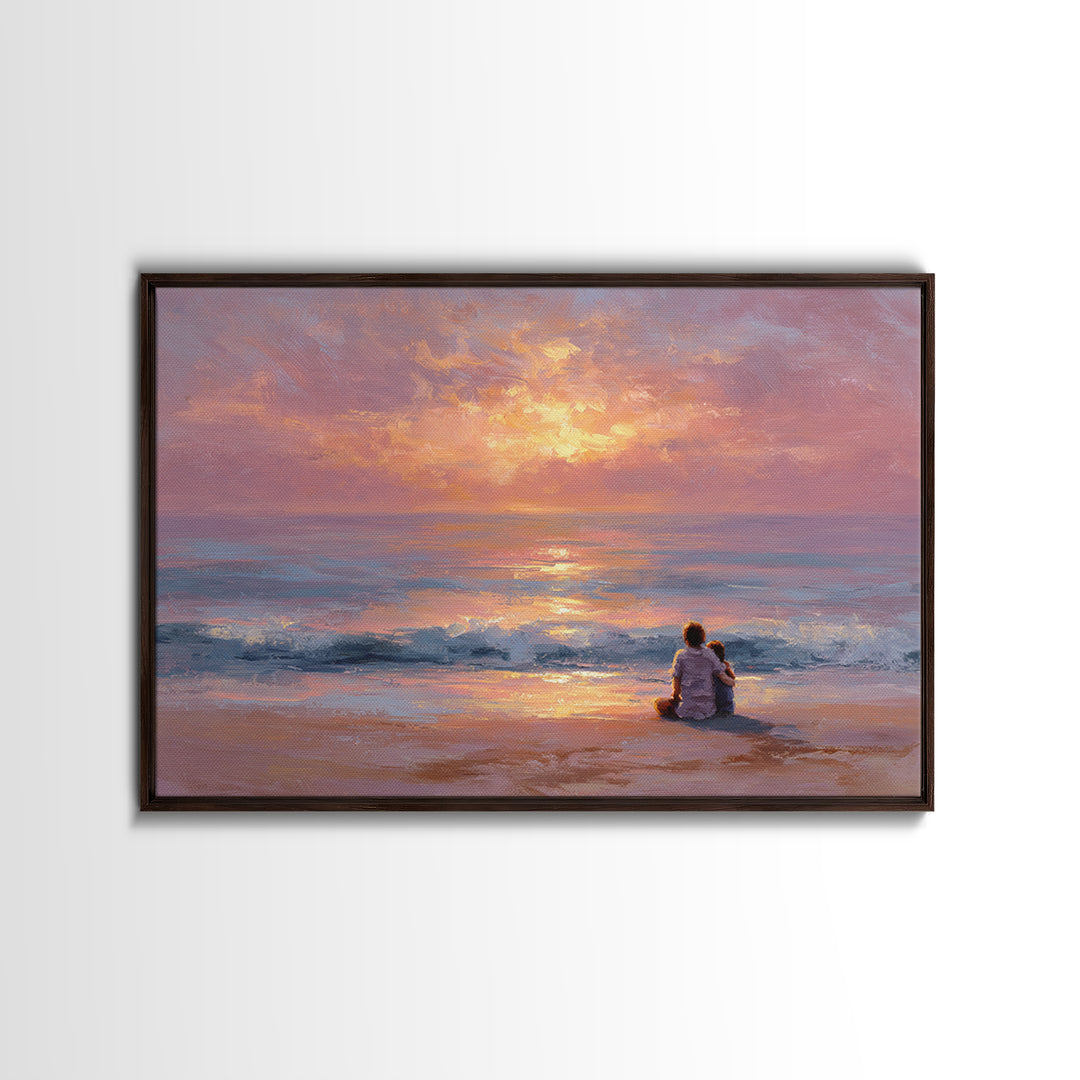 Parent And Child Watching Ocean Sunset Wall Art, Coastal Beach Canvas Print, Seascape Living Room Decor, Housewarming Gift