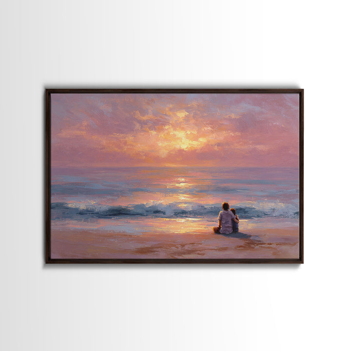 Parent And Child Watching Ocean Sunset Wall Art, Coastal Beach Canvas Print, Seascape Living Room Decor, Housewarming Gift